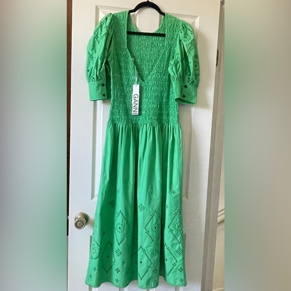 GANNI Green Smocked Eyelet Puff Sleeve Midi Dress Organic Cotton Size 8 - Picture 5 of 17